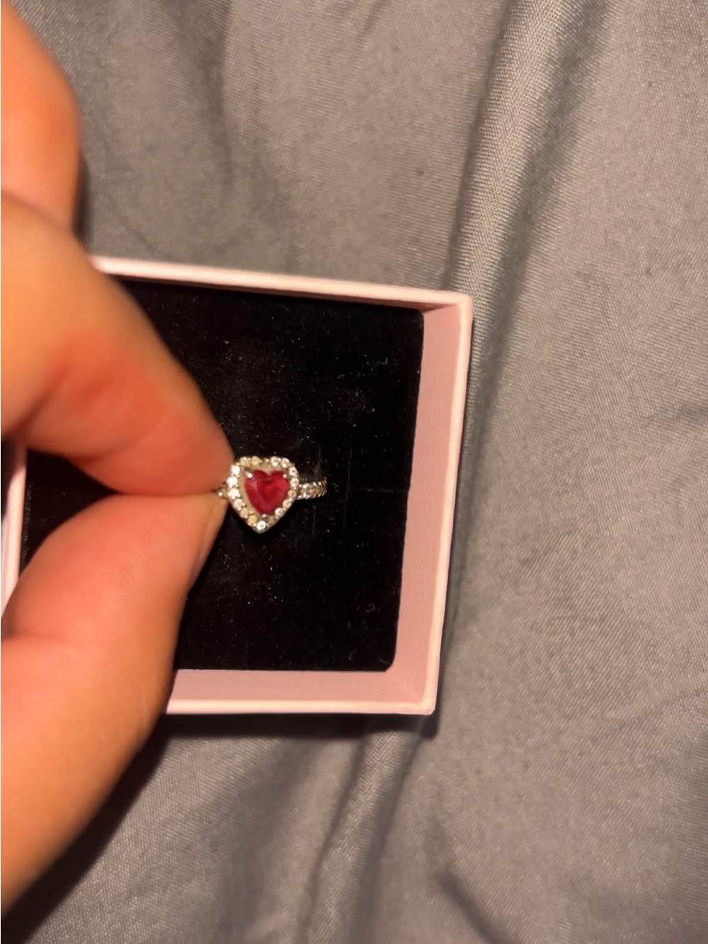 Pandora Silver Ring with Pink Heart Center and Halo - Picture 2 of 3